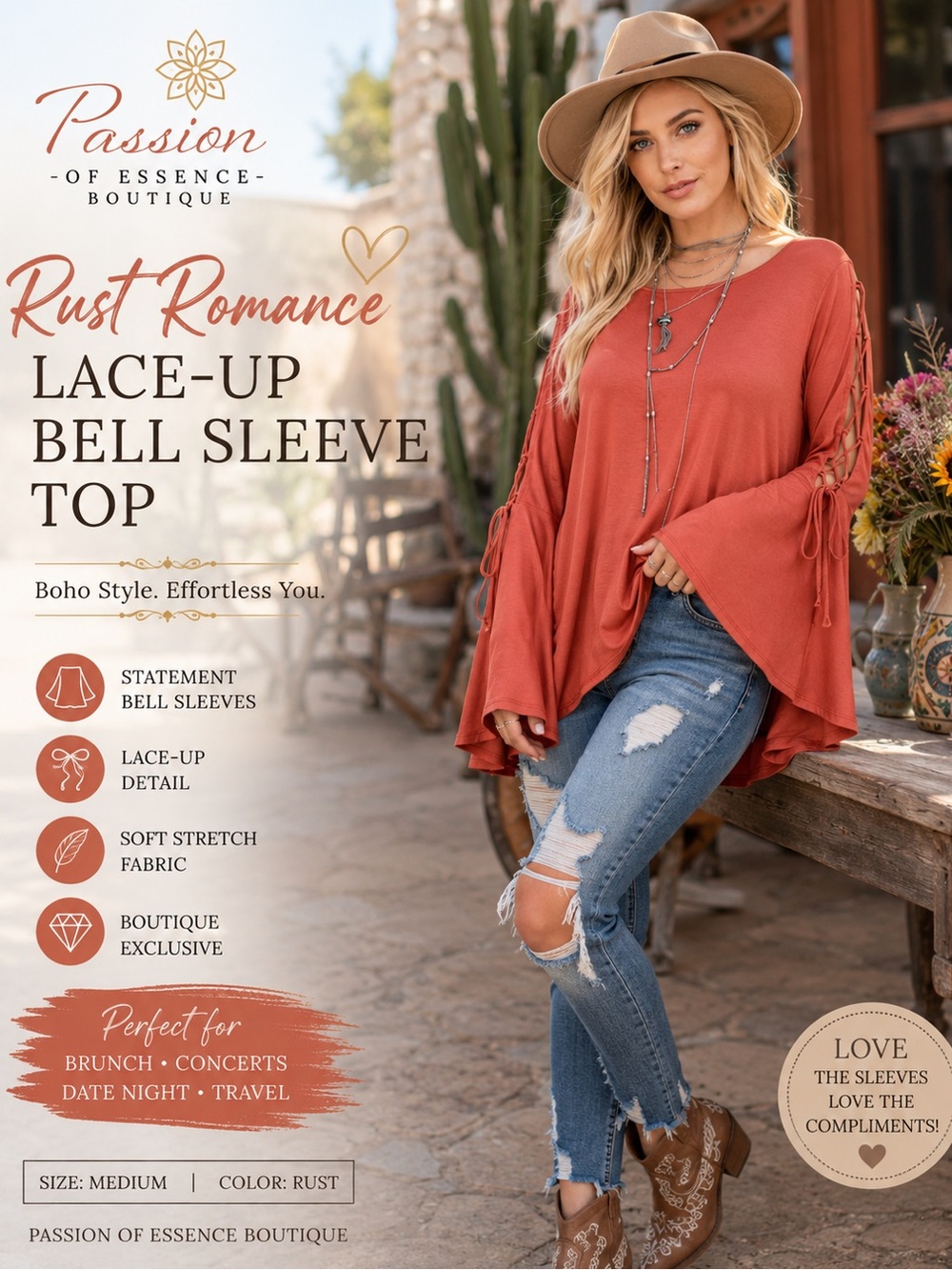 Rust Romance Lace-Up Bell Sleeve Top | Boho Boutique Blouse | Medium